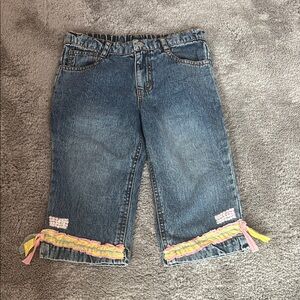 Girls Denim Capris with Pink & Yellow Ruffle Trim